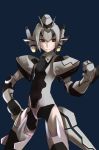  android arm_up black_eyes blue_background clenched_hand expressionless flat_chest grey_hair hand_on_hip hat hips phantasy_star phantasy_star_online_2 pink47 posing robot_ears robot_joints solo standing 