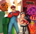  ?_block black_hair brown_hair capcom chest_hair coin_block cosplay costume costume_switch crossed_arms crossover dougi facial_hair graffiti headband lost-tyrant mario multiple_boys muscle mustache nintendo overalls ryuu_(street_fighter) street_fighter super_mario_bros. warp_pipe 