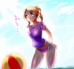  alternate_hairstyle arms_behind_back ball beachball bikini bikini_bottom blonde_hair blurry breasts depth_of_field drill_hair hair_ornament koma_(wsgtt1300) large_breasts mahou_shoujo_madoka_magica shirt side-tie_bikini solo swimsuit taut_shirt tomoe_mami water yellow_eyes 