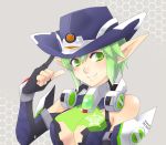  arm_up bare_shoulders breasts bust chatsune cleavage_cutout cowboy_hat detached_sleeves fingerless_gloves gloves green_eyes green_hair grey_background hand_on_hat hat honeycomb_background kobuichi long_pointy_ears payot phantasy_star phantasy_star_online_2 pointing pointy_ears portrait short_hair simple_background smile solo thousand_rim 