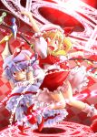  arm_up ascot bat_wings blonde_hair blush checkered checkered_background cowering fang fangs flandre_scarlet hands_on_head hat hat_ribbon highres knees_touching lavender_hair magic_circle mary_janes multiple_girls open_mouth outstretched_arms red_eyes remilia_scarlet ribbon shoes short_hair siblings side_ponytail sisters skirt skirt_set tamasan touhou wings 