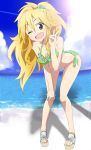  ;d bikini blonde_hair breasts cleavage green_eyes highres hoshii_miki idolmaster leaning long_hair midriff open_mouth platform_footwear ponytail sandals shirihime smile solo swimsuit v wink 