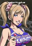  1girl blonde_hair blue_eyes breasts bust candy chainsaw cheerleader cleavage daniel_macgregor grin juliet_starling large_breasts lips lollipop lollipop_chainsaw over_shoulder scrunchie smile solo twintails weapon weapon_over_shoulder 