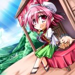  blush chibi dango deformed double_bun dutch_angle eating food hemogurobin_a1c ibaraki_kasen pink_hair raijuu solo touhou wagashi 