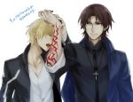  blonde_hair brown_eyes brown_hair command_spell cross cross_necklace fate/stay_night fate_(series) gilgamesh jacket jewelry kotomine_kirei licking male multiple_boys necklace off_shoulder red_eyes white_background xia_(ryugo) yaoi 