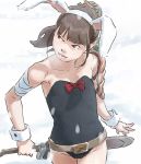  armor armpits bandage bandages belt bow brown_hair bunny_ears bunnysuit carrot copyright_request face flat_chest lips rabbit_ears red_eyes sword tnt_(aaaazzzz) weapon 