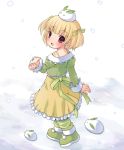  bare_shoulders blonde_hair dress looking_back mizuno_mumomo original pants red_eyes short_hair smile snow solo twintails two_side_up white_background yellow_dress 