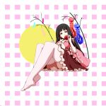  black_hair branch candy_apple dearmybrothers highres holding houraisan_kaguya long_hair looking_at_viewer no_shoes pantyhose sitting smile solo thigh-highs thighhighs touhou white_legwear yellow_eyes 