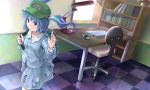 backpack bag chair checkered checkered_floor clothes_writing computer contemporary desk eno_(whiskeyne) hair_bobbles hair_ornament kawashiro_nitori left-handed raised_hand shelf solo touhou twintails 