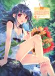 1girl :o absurdres anklet bare_shoulders barefoot blue_hair braid collarbone dengeki_moeou dress feet flat_chest flower highres holding jewelry kasukabe_akira long_hair male nature open_mouth original popsicle red_eyes scan single_braid sitting soles solo sundress sunflower toes trap water 