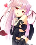  bat_wings belt black_gloves black_legwear chain chains demon_girl demon_tail elbow_gloves fang fingerless_gloves gloves head_wings heart highres holding_arm kinta_(distortion) long_hair navel open_mouth original pink_hair pointy_ears red_eyes simple_background skirt smile solo succubus tail thighhighs white_background wings 