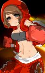  bad_id boxing_gloves breasts brown_hair cleavage grey_eyes hood hoodie junior_(namatamemisa) midriff namatamemisa open_hoodie punching roger's_wife_(tekken) roger_jr. short_hair shorts solo tekken tubetop 