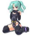  aqua_hair black_legwear blush busou_shinki dd_(artist) doll_joints elbow_gloves gloves hairband long_hair looking_at_viewer purple_eyes raptias simple_background sitting smile solo thigh-highs thighhighs twintails violet_eyes wariza white_background 