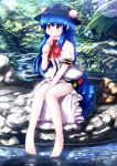  bare_legs barefoot between_legs blouse blue_hair boots chipika eating food fruit hat highres hinanawi_tenshi ice_cream leaf long_hair nature peach plant popsicle red_eyes ribbon rock sitting skirt solo touhou water 