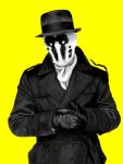  1boy cravat dc_comics gloves hat mask monochrome no7 oekaki rorschach simple_background solo tegaki trench_coat watchmen yellow_background 