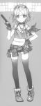  absurdres belt boots camisole choker dog_tags fingerless_gloves gloves greyscale gun h2so4 hair_ribbon handgun highres looking_at_viewer midriff monochrome navel original pistol plaid ribbon short_hair short_shorts shorts smile solo sunglasses sunglasses_on_head tank_top thigh-highs thighhighs trigger_discipline two_side_up weapon 