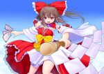  adapted_costume asamura_hiori bow brown_hair detached_collar detached_sleeves gohei hair_bow hair_tubes hakurei_reimu miko off_shoulder ofuda open_mouth red_eyes skirt smile solo touhou 