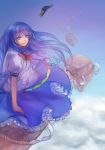 blue_hair cloud clouds hat hat_removed headwear_removed highres hinanawi_tenshi keystone long_hair long_skirt ramble12 red_eyes sitting skirt solo touhou wind