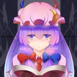  blush book bow bust crescent face hair_bow hat long_hair looking_at_viewer open_book patchouli_knowledge purple_eyes purple_hair solo sts touhou violet_eyes 