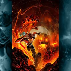  2boys absolute_dc absolute_flash animal aqua_fur battle black_bodysuit bodysuit brown_hair commentary dc_comics english_commentary fire fleeing grodd_(absolute_dc) heat_wave_(absolute_dc) lava male_focus mask monkey multicolored_bodysuit multiple_boys nick_robles official_art pyrokinesis red_bodysuit running short_hair superhero_costume teeth the_flash_(absolute_dc) the_flash_(series) tinted_eyewear two-tone_bodysuit wally_west_(absolute_dc) yellow-tinted_eyewear 