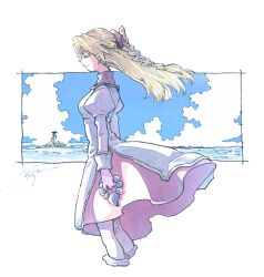  1girl bead_necklace beads blonde_hair blue_sky bow braid character_request closed_eyes closed_mouth clouds copyright_request dress floating_hair hair_bow holding holding_jewelry holding_necklace jewelry layered_dress light_smile magatama magatama_necklace michibata_65 necklace sky white_background white_dress 