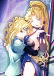  2girls battle_arena_toshinden blonde_hair blue_eyes breasts character_name crossover earrings guilty_gear headband hug jewelry leotard long_hair melficexd millia_rage multiple_girls ponytail sideboob smile sofia trait_connection wink 