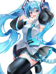  1girl absurdres aqua_eyes aqua_hair aqua_necktie aqua_trim armpits arms_up black_skirt black_sleeves boots breasts collared_shirt commentary_request detached_sleeves egokoro_sai foot_out_of_frame grey_shirt hair_between_eyes hair_ornament hatsune_miku highres long_hair long_sleeves looking_at_viewer medium_breasts miku_day miniskirt necktie open_mouth pink_ribbon pleated_skirt ribbon shirt simple_background skirt sleeveless sleeveless_shirt smile solo standing standing_on_one_leg thigh_boots twintails very_long_hair vocaloid white_background 