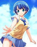  ano_natsu_de_matteru blue_eyes blue_hair hoshizaki_hikaru outline outstretched_arm panties pantyshot school_uniform skirt smile solo tanigawa_kanna underwear white_panties 