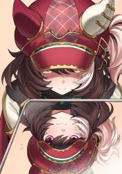 1girl absurdres animal_ears blush brown_hair closed_mouth commentary_request fukuro_(maruaru00) hat highres horse_ears horse_girl it's_all_a_matter_of_angle_(meme) looking_at_viewer marche_lorraine_(racing)_(umamusume) marche_lorraine_(umamusume) medium_hair meme mirror mismatched_ear_covers multicolored_hair newsboy_cap pink_eyes red_hat reflection simple_background solo streaked_hair umamusume white_background white_streaks 