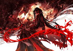  1girl belt black_hair black_pants blood blood_on_weapon chinese_commentary cigarette commentary_request contempt_awe_(e.g.o) e.g.o_(project_moon) feet_out_of_frame fiery_background fire from_side glasses gloves glowing glowing_eyes highres holding holding_sheath katana limbus_company long_hair looking_at_viewer looking_over_eyewear official_alternate_costume ootachi pants project_moon red_eyes red_theme rwsywywz ryoshu_(project_moon) scabbard sheath sheathed signature solo standing sunglasses sword thigh-highs very_long_hair weapon 