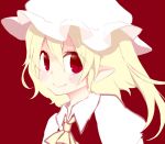  ascot blonde_hair blush close-up face flandre_scarlet hakaisin-k hat pointy_ears portrait red_background red_eyes short_hair side_ponytail sketch slit_pupils smile solo touhou 