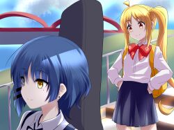  2girls ahoge backlighting backpack bag black_skirt blonde_hair blue_hair blue_sky blunt_ends bocchi_the_rock! bow bowtie closed_mouth collared_shirt commentary cowboy_shot day earrings eyes_visible_through_hair guitar_case hair_between_eyes hair_ornament hairclip hands_on_own_hips highres hikkub ijichi_nijika instrument_case jewelry long_hair long_sleeves looking_ahead miniskirt multiple_girls outdoors parallel_hairclips parted_bangs pleated_skirt polka_dot polka_dot_bow polka_dot_bowtie portrait red_bow red_bowtie red_eyes school_uniform shirt short_hair side_ponytail sidelocks skirt sky smile split_mouth stairs standing stud_earrings tareme very_long_hair white_shirt yamada_ryo yellow_eyes 