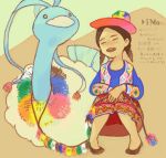  1girl altaria beso bird colorful cultural drawr embroidery female hat long_skirt native_american open_mouth patterned peru pokemon sitting skirt smile traditional_clothes twintails vest zig-zag 
