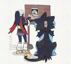  1girl akari_(pokemon) black_hair commentary_request crying headscarf korean_commentary long_sleeves luxray missing_poster pokemon pokemon_(creature) pokemon_legends:_arceus ponytail red_scarf rowlet sandals scarf scottish_fold12 sidelocks simple_background solo too_many_watermarks twitter_username watermark white_background white_headscarf 