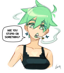 1girl ahoge cigarette earrings english_text eyeshadow gerph green_eyes green_eyeshadow green_hair green_lips mint_(gerph) original original_character plus_sign short_hair simple_background smoking speech_bubble symbol-shaped_pupils text white_background