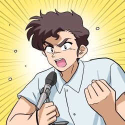 1boy black_eyes brown_hair clenched_hand flying_sweatdrops holding holding_microphone ichirou_(ranma_1/2) male_focus microphone open_mouth ranma_1/2 shirt short_hair solo v-shaped_eyebrows wanta_(futoshi) white_shirt yellow_background 