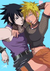  1boy 1girl absurdres arm_up armpits black_hair black_lips blonde_hair blue_eyes breasts commentary_request genderswap genderswap_(mtf) gloves highres large_breasts naruko_(naruto) naruto_(classic) naruto_(series) non-web_source open_mouth piercing sexy_no_jutsu shin_art69 shirt short_hair simple_background tattoo uchiha_sasuke uzumaki_naruto 