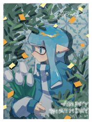  1girl absurdres blue_eyes blue_jacket border closed_mouth commentary_request ear_piercing flower happy_birthday highres inkling inkling_girl inkling_player_character jacket long_hair multicolored_jacket piercing pointy_ears shiratoripica solo splatoon_(series) tentacle_hair tulip two-tone_jacket white_border white_flower white_jacket white_tulip 