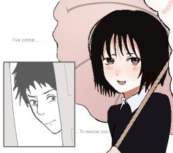  1boy 1girl :d black_dress black_hair blush bob_cut brown_eyes collared_dress commentary door dress english_text eyelashes highres holding holding_umbrella jaggy_lines loose_hair_strand nakahara_misaki nhk_ni_youkoso! nose_blush oekaki open_mouth opening_door partially_colored peeking_out pink_umbrella satou_tatsuhiro short_hair simple_background smile umbrella untranslatable_commentary upper_body white_background zukii3_mii_(mizumolasses) 