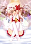  ascot bed blonde_hair butterfly canopy_bed error fangs flandre_scarlet hat hat_ribbon head_tilt highres no_shoes on_bed open_mouth pillow red_eyes ribbon rika-tan_(artist) shirt side_ponytail sitting skirt skirt_set smile solo sparkle thigh-highs thighhighs touhou white_legwear wings 
