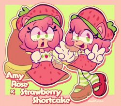  1girl amy_rose artist_name border cosplay double_v food_print fruit_print gloves green_background green_eyes hammer hat hedgehog_girl holding holding_hammer pink_border pink_hair signature sonic_(series) strawberry_print strawberry_shortcake_(character) strawberry_shortcake_(character)_(cosplay) striped_clothes striped_thighhighs sweet_asukal thigh-highs v 