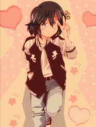  belt belt_buckle black_hair blue_eyes buckle colorful_background commentary_request converse denim film_grain flying foot_out_of_frame hand_in_pocket heart heart_background highres jacket jeans kill_la_kill light_blush light_smile looking_at_viewer matoi_ryuuko multicolored_hair pants polka_dot polka_dot_background raised_eyebrows red_hair red_streaks shirt shoes short_hair sneakers star_(symbol) star_symbol_background streaked_hair sukajan t-shirt v white_shirt yokoshima696969 