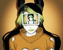  2girls black_hair braid chudol3810 clothing_cutout double_bun green_eyes green_hair green_lips hair_bun heart_cutout high_collar highres irene_(jojo) jojo_no_kimyou_na_bouken kujo_jolyne long_hair makeup multicolored_hair multiple_girls orange_sweater photo_(object) smile solo stone_ocean sweater two-tone_hair 