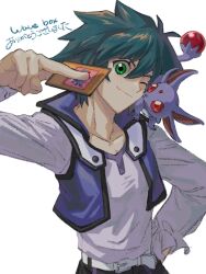  1boy absurdres belt blue_vest card crystal_beast_ruby_carbuncle duel_monster green_eyes green_hair hand_on_own_hip highres holding holding_card johan_andersen male_focus one_eye_closed shirt short_hair simple_background solo_focus trading_card vest white_background white_shirt yu-gi-oh! yu-gi-oh!_gx z1vfcd2 
