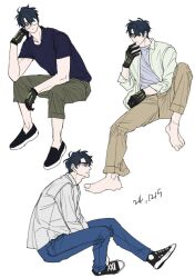  1boy barefoot black_hair black_shoes commentary_request converse denim glasses green_eyes green_pants jeans korean_commentary kumacandy_kku lineart male_focus mechanical_hands multiple_views opaque_glasses open_clothes open_shirt pants robo_frostor shirt shoes short_sleeves sitting skoshism sneakers t-shirt virtual_youtuber white_background white_shirt 