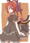  animal_ears bow cat_ears cat_tail dress green_dress hair_bow highres kaenbyou_rin kuromari_(runia) long_hair multiple_tails red_eyes red_hair redhead ribbon smile solo tail touhou twintails 