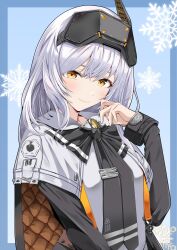  1girl absurdres black_bow black_bowtie blue_background bow bowtie closed_mouth commentary_request goddess_of_victory:_nikke hair_between_eyes highres komaki_mk2 light_smile long_hair long_sleeves looking_at_viewer simple_background smile snow_white_(innocent_days)_(nikke) snow_white_(nikke) snowflake_background solo upper_body visor_(armor) white_hair yellow_eyes 