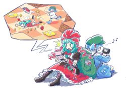  >_< 2girls backpack bag blue_hair blue_shirt blue_skirt boots bow brown_boots brown_dress commentary dress english_commentary frilled_bow frills green_bag green_eyes green_hair green_hat hair_bobbles hair_bow hair_ornament handheld_game_console hat highres holding holding_handheld_game_console kagiyama_hina kawashiro_nitori multiple_girls musical_note open_mouth oysterfried playing_games puffy_short_sleeves puffy_sleeves red_bow red_dress shirt short_sleeves sitting skirt super_mario_bros. touhou two_side_up 