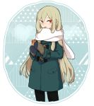  1boy afuro_terumi blush coat inazuma_eleven inazuma_eleven_(series) l_hakase long_hair looking_at_viewer male_focus mittens open_mouth orange_eyes scarf solo very_long_hair winter 