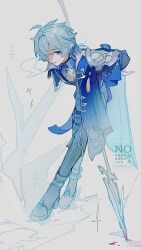  1boy ahoge armor belt belt_collar black_belt black_boots black_gloves blood blood_on_weapon blue_hair blue_shirt boots choker coat collar collared_shirt earrings favonius_lance_(genshin_impact) genshin_impact gloves grin hair_between_eyes highres jewelry leaning_forward lohen_(genshin_impact) long_sleeves looking_at_viewer male_focus mole mole_under_eye multicolored_eyes pants parted_lips shirt shoulder_armor smile solo sugigoke8 thigh_strap vision_(genshin_impact) weapon white_background white_pants 
